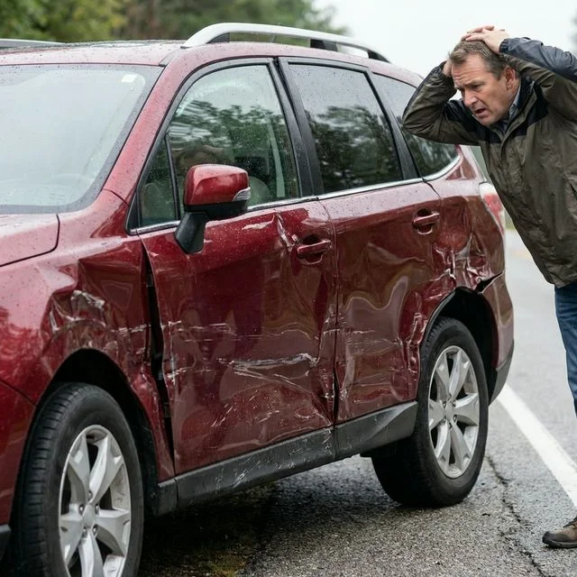 Carro amassado após acidente para avaliação na FG Car Funilaria
