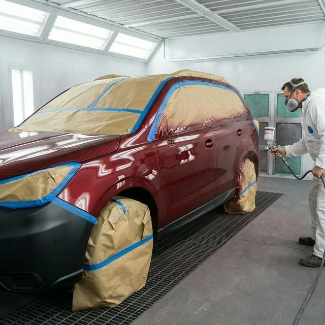 Veículo preparado e após funilaria entrando na cabine de pintura