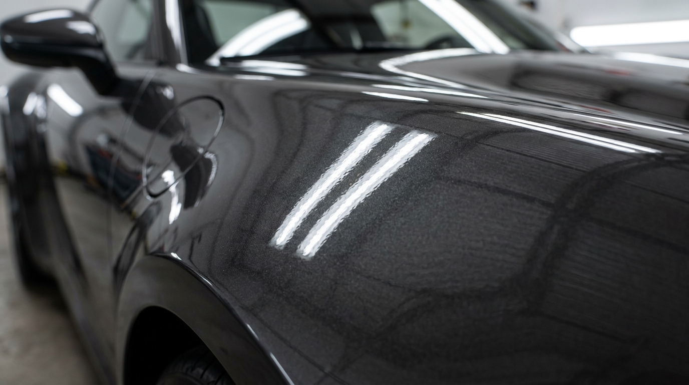 Detalhe em close-up de reflexo nítido de verniz automotivo sem casca de laranja excessiva