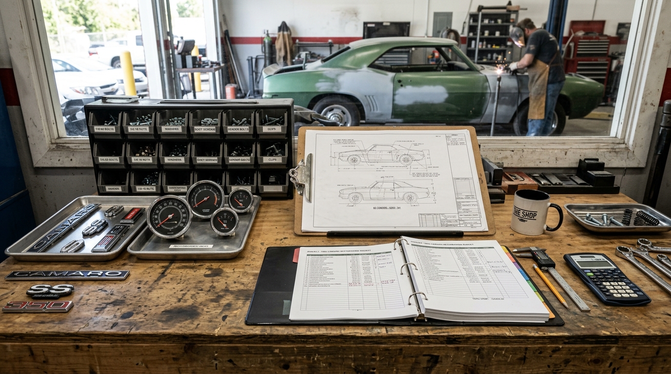 Bancada de planejamento de restauração automotiva com peças cromadas catalogadas e planilha de custos